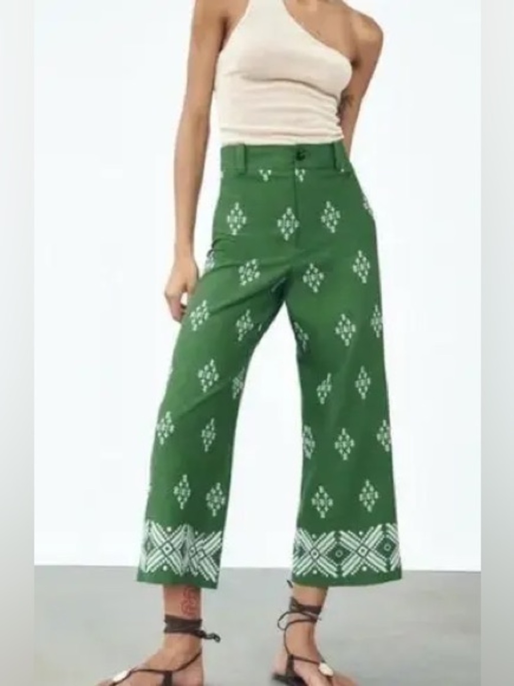 Haute Hippie Green/White Linen Blend High Waisted Wide Leg Embroidered Pant Sz 2